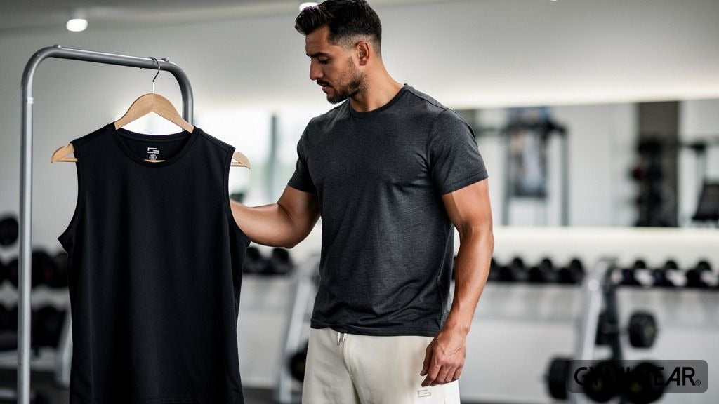 Man som väljer mellan en grå t-shirt och ett svart linne på ett gym.
