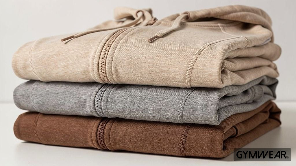 En hög med vikta plagg i borstad bomull, såsom hoodies och mjukisbyxor, i neutrala färger som beige och grå. Bilden visar tydligt tygets mjuka och lätt luddiga textur.