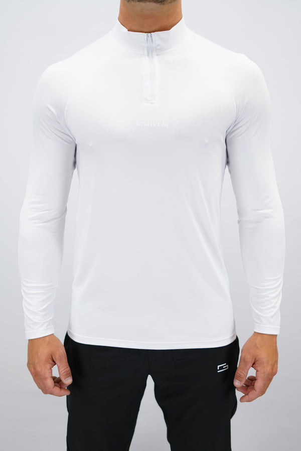 Vit Eiden Long Sleeve Half-Zip Top - funktionsmaterial långärmad träningströja med halvdragkedja och Gymwear-logga på framsidan