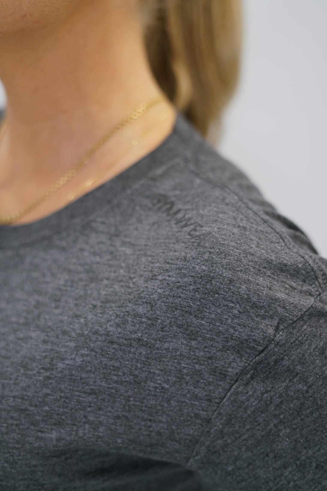 Grå Hera Short Sleeve Borstad bomull Light Tee - tunn kortärmad t-shirt med Gymwear-logga på axeln och lodrätt logga i ryggen