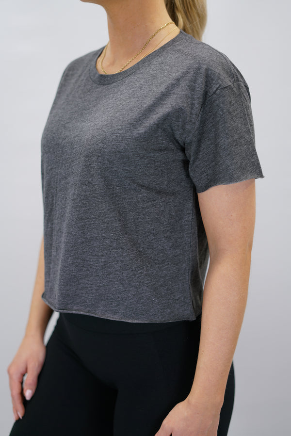 Grå Hera Short Sleeve Borstad bomull Light Tee - tunn kortärmad t-shirt med Gymwear-logga på axeln och lodrätt logga i ryggen